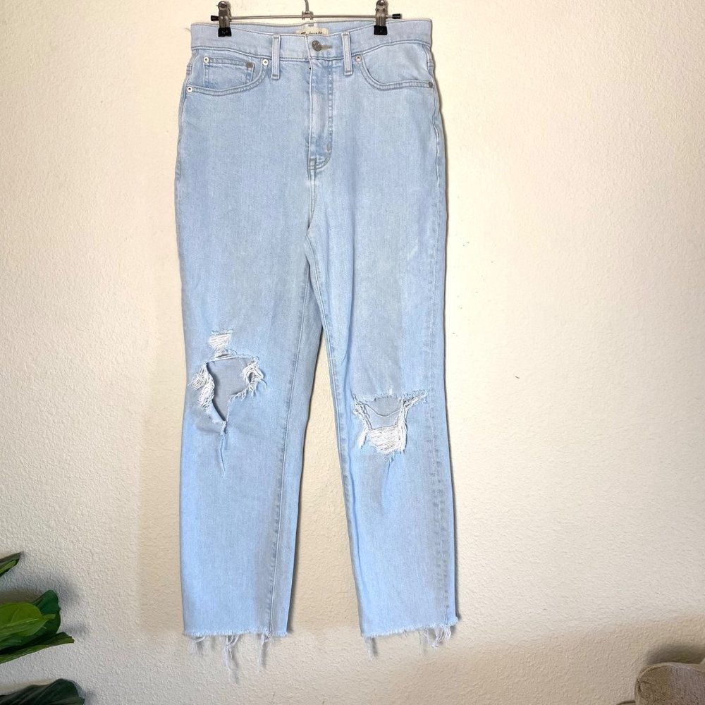 Madewell The Momjean Harman Wash High Rise Raw Hem Light Blue Distressed 28 - Picture 5 of 10
